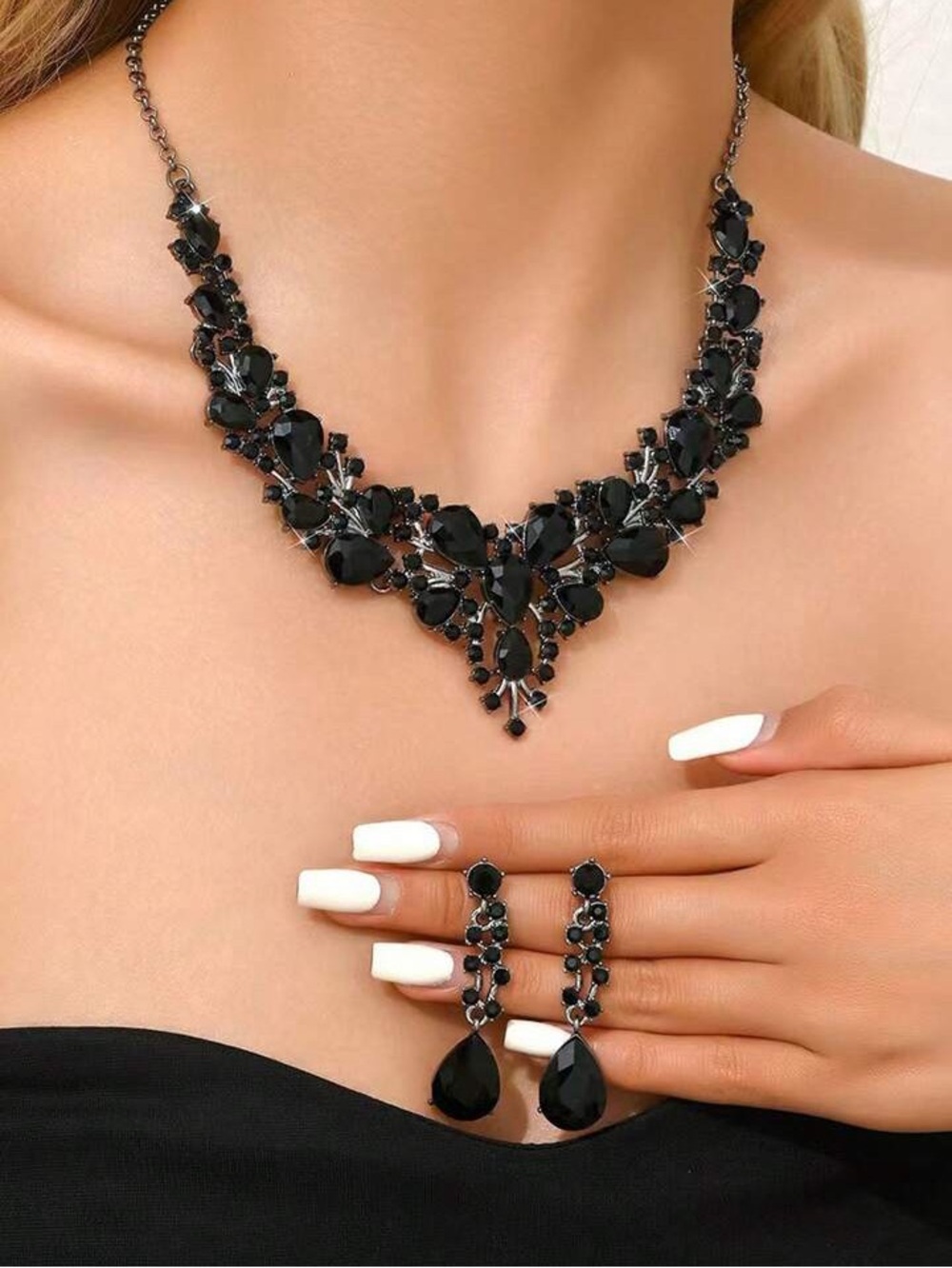 Elegant 3PC Black Crystal Statement Necklace & Drop Earrings Jewelry Bridal Set